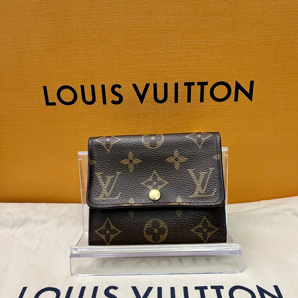 Authentic Louis Vuitton Brown Monogram Canvas Compact Wallet with Gold Button